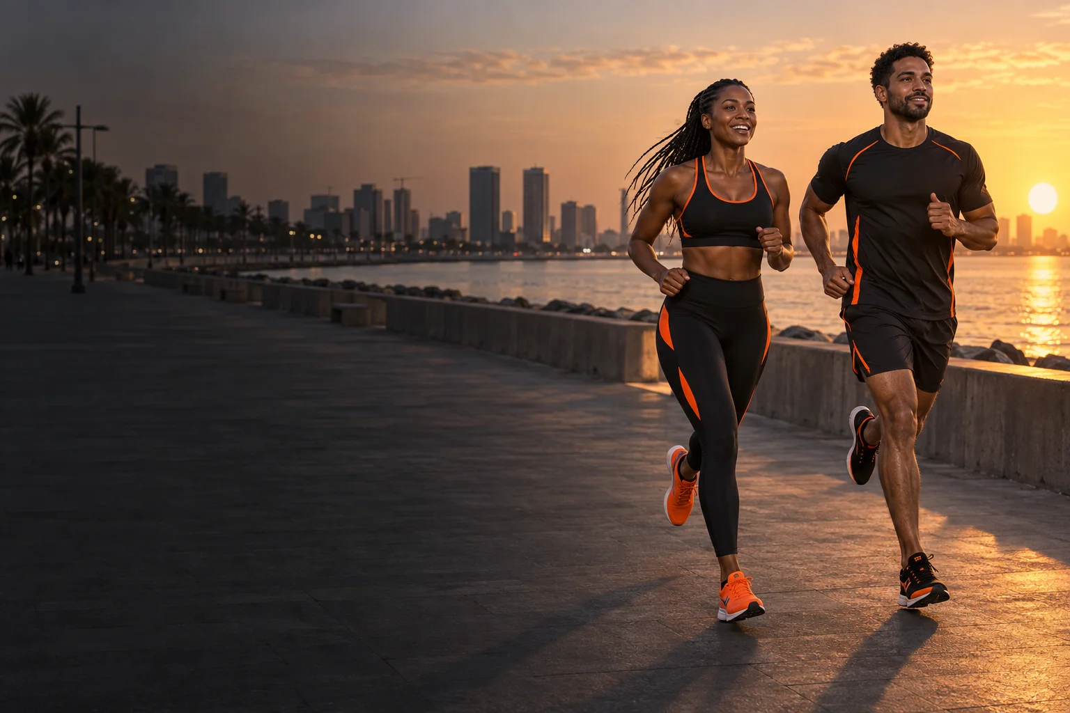 Dois desportistas a correr junto à marginal, com equipamento preto e laranja